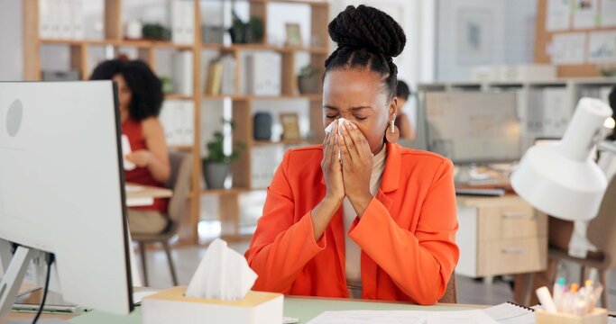 Sick woman, office and blowing nose with tissue for influenza, cold and flu symptoms. Female person, employee or virus with sinus infection, hayfever or allergy for disease or bacteria in workplace
