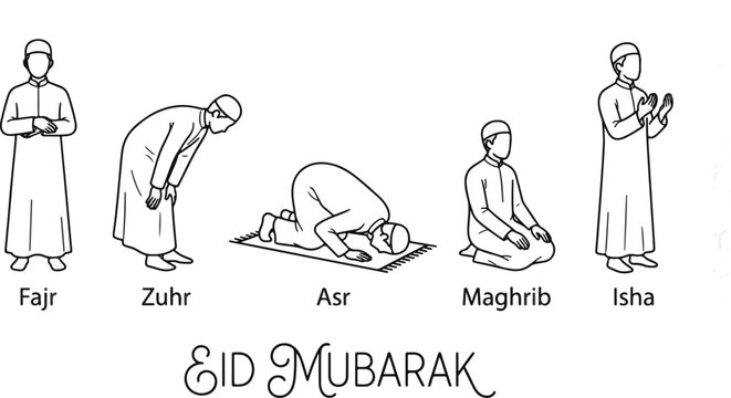  Line Art Vector Illustration of Muslim Man Performing Five Daily Prayers Fajr Zuhr Asr Maghrib and Isha with Eid Mubarak Text for 2026 Islamic Holy Month 2026 
