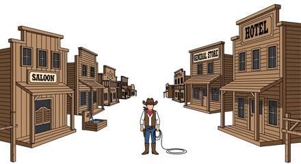 Cartoon cowboy in Western town with saloon and hotel buildings