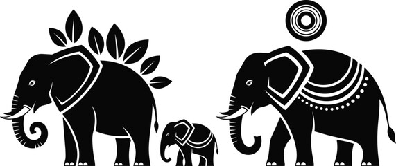 Black Elephant Family Silhouette Illustration with Decorative Tribal Patterns Wildlife Symbolic Design Isolated on White Background © Asha Creatives