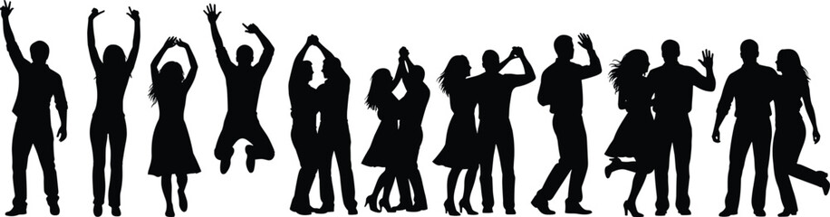 people silhouettes, dancing crowd, group celebration, party nightlife, happy friends, men women figures, social event, movement, music, energy, vector