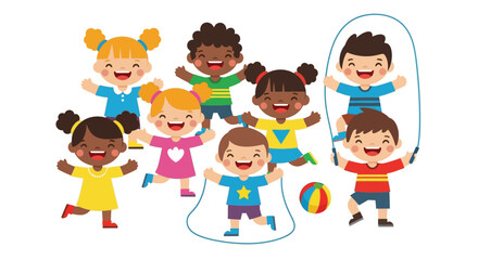 Happy children playing with jump rope and ball in cartoon style © rohim