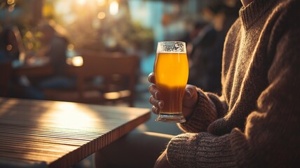 Craft beer lifestyle, person enjoying beer in relaxed atmosphere