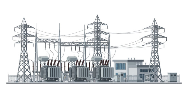 Vector illustration of an electrical power substation with transformers