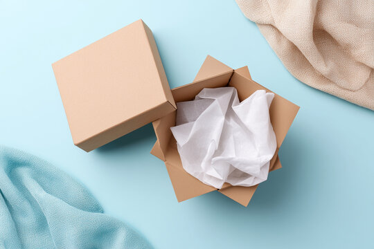 A cardboard box with white tissue paper inside