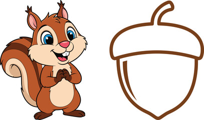 Cute cartoon squirrel character illustration with smiling woodland animal and simple acorn outline icon isolated on white background © Asha Creatives