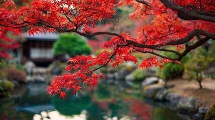 Japanese garden with red maple leaves in autumn, seasonal beauty and calm atmosphere