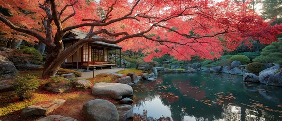 Japanese garden with red maple leaves in autumn, seasonal beauty and calm atmosphere