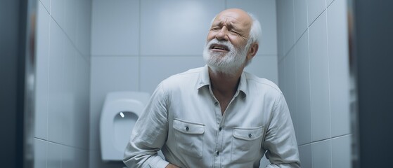 Senior man experiencing stomach pain while sitting in a bathroom, digestive problems, constipation