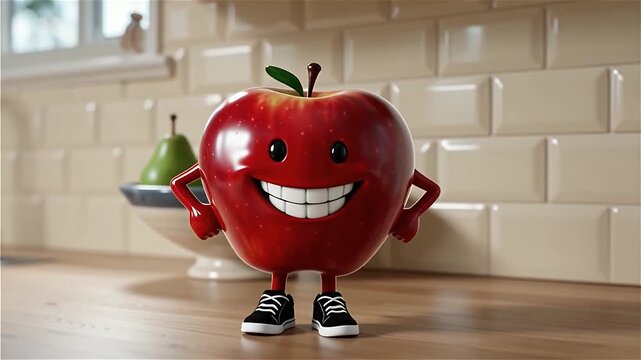 Smiling cartoon apple character standing on kitchen counter next to fruit bowl
