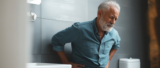 Senior man experiencing stomach pain while sitting in a bathroom, digestive problems, constipation