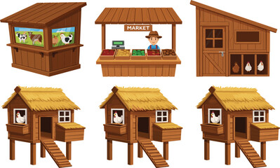 Farm buildings and market stalls illustration set with wooden sheds, chicken coops, and rural structures isolated on white background © Asha Creatives