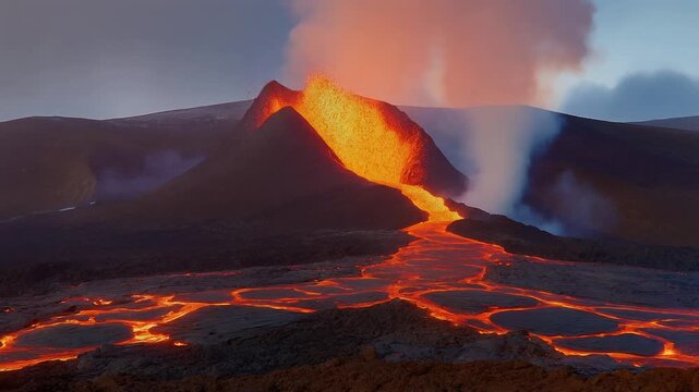 Volcanic eruption with lava flowing on rugged terrain under a cloudy sky