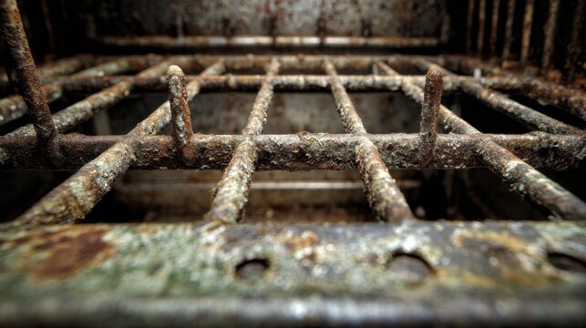 Close-up view of a rusty metal grate with textured surface and a dark, industrial background