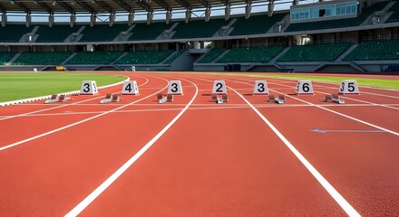 Obraz premium Aerial view of an athletics stadium with starting blocks and lanes on a track