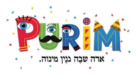 Obraz premium Purim celebration with colorful typography and confetti