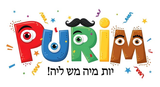 Purim celebration logo with cartoon letters and hebrew text