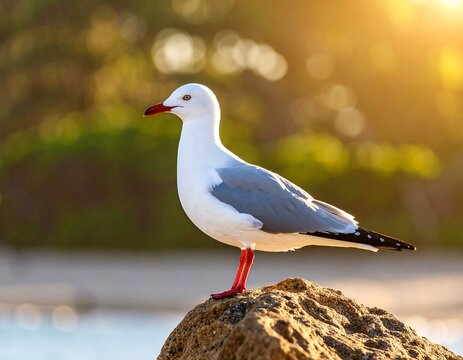 A solitary seabird with a white chest, grey wings, and a red beak, standing on a rock, lit by golden sunlight