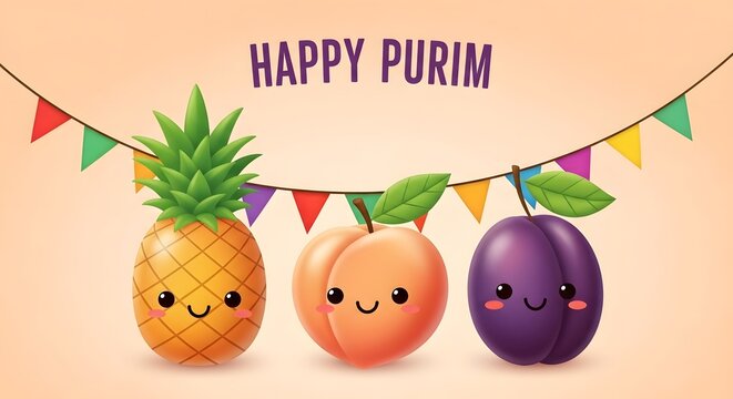 Happy purim celebration with smiling fruits