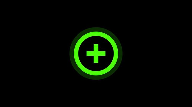 Minimalist bright green plus sign icon inside a glowing circle on a black background.