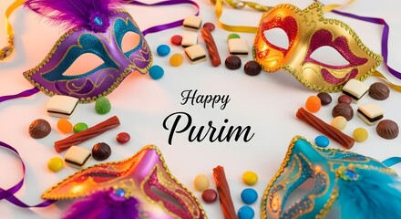 Obraz premium Vibrant purim celebration with masks and candy