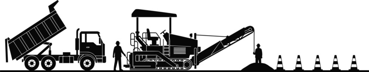 Road construction silhouettes, asphalt paving machine, dump truck, workers, traffic cones, highway repair industrial vector illustration © Its Marjia's World