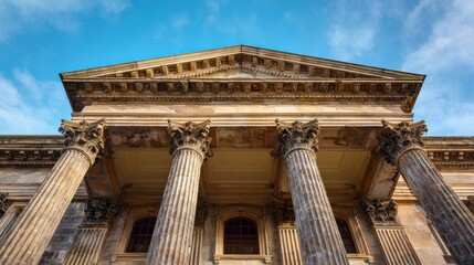 Obraz premium Grand neoclassical building facade with majestic Corinthian columns and a triangular pediment under a bright blue sky.