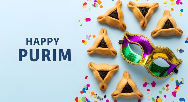 Happy purim celebration with traditional jewish hamantaschen cookies