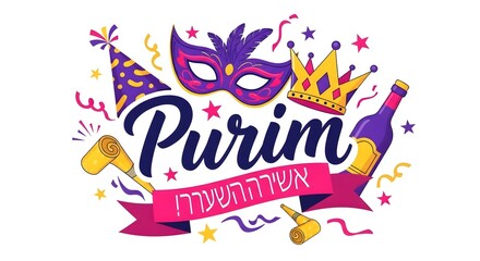 Obraz premium Purim celebration graphic with traditional symbols