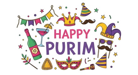 Fototapeta premium Happy purim celebration with colorful festive elements