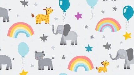 Vibrant elephant pattern with colorful rainbow arcs and geometric shapes artistic illustration design.