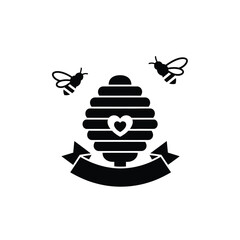 Beehive and flying bees with a banner, isolated on white background, design element illustration vector, beekeeping symbol, nature, insects
