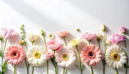 Obraz premium Colorful spring flowers border arranged on white background with copy space