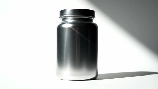 Seamless loop of a metallic silver supplement canister rotating slowly 360 degrees under extremely bright studio sunlight isolation for high-quality product display product shot, minimal, nutrition