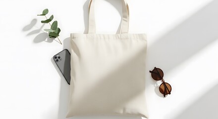 Flat Lay Cotton Tote Bag Mockup, Minimal Aesthetic Lifestyle Composition on White Background