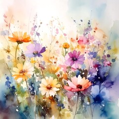 A soft, watercolor painting shows vibrant wildflowers in various hues, including orange, purple, pink, and yellow, against a light, airy background