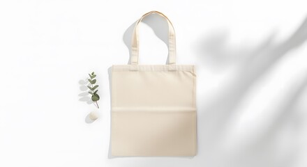 Top View Flat Lay Cotton Tote Bag Mockup on White Background with Soft Shadows