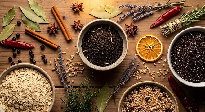 Assorted Grains and Spices on Wooden Surface