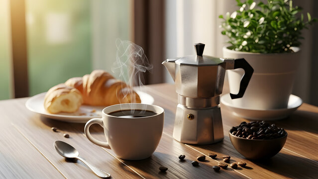A delicious morning breakfast setup on a wooden table featuring steaming hot coffee in a white mug with a fresh croissant and moka pot