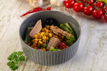 Fototapeta premium Dietary salad with canned tuna and corn