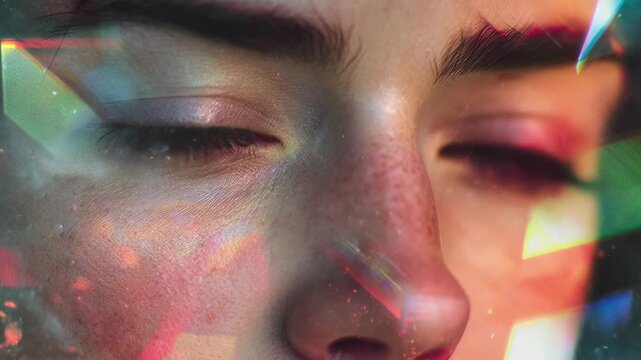 Mosaic of faces morphing men and women concept. Close up of female face with green eyes and colorful abstract light reflections on skin