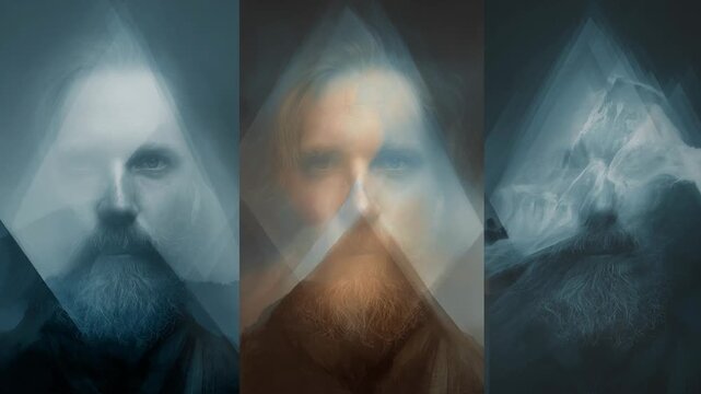 Mosaic of faces morphing men and women concept. Abstract artistic portrait of a bearded man with surreal layered effects and mysterious mood