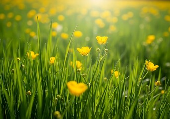 Obraz premium Stunning Eye-Level Macro Shot of Buttercups, Grass, and Golden Sun Flare.