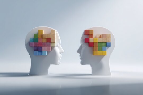 Brain Puzzle:  Intriguing image showing two head sculptures facing each other. Each head is filled with colorful interlocking blocks, symbolizing intellect, problem-solving, and cognitive ability. 