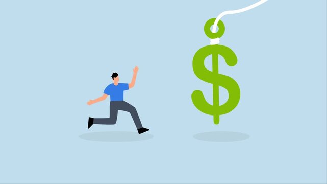 Financial fraud, 4k animation of investor runs to get money US dollar with hidden phishing bait