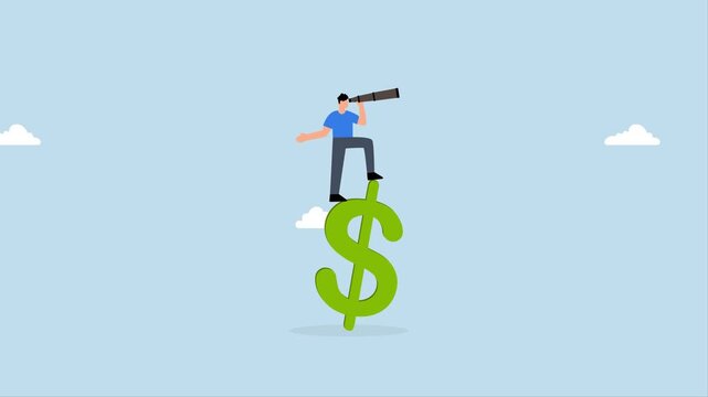 Vision for global economy, 4k animation of businessman stands on US dollar money with a telescope to see the future forecast.
