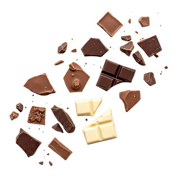 Assorted chocolate pieces and white chocolate chunks isolated on transparent background