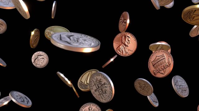 US Dollar Coins Falling on Black Background, American Currency, Finance Concept