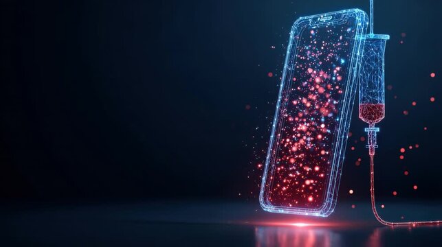 Digital rejuvenation: A conceptual portrayal of a smartphone being 'recharged' with data, symbolized by a digital IV drip. ..Created with Generative AI, not depicting real subjects.