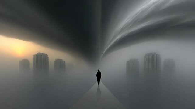 A lone figure walks along a path amidst towering buildings, enveloped in swirling dark clouds